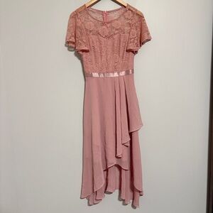 Elegant Pink Lace Overlay Chiffon Tiered Ruffle Dress Size X-Small